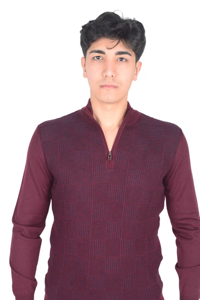 Cengiz İnler Yarım Balıkçı Yaka Fermuarlı Kare Desen Yünlü Erkek Triko Kazak - 12