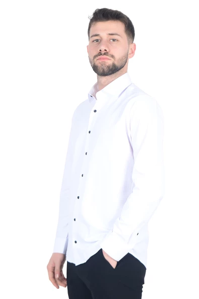Cengiz İnler Yaka Düğmeli Pamuk Saten Slim Fit Düz Erkek Gömlek - 11