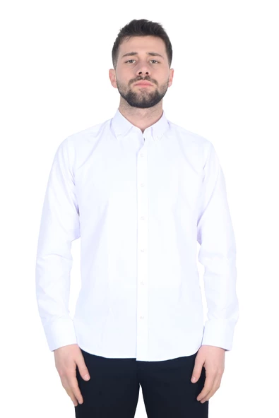 Cengiz İnler Yaka Düğmeli Pamuk Saten Slim Fit Düz Erkek Gömlek - 9