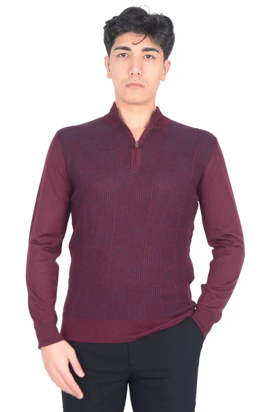 Cengiz İnler Yarım Balıkçı Yaka Fermuarlı Kare Desen Yünlü Erkek Triko Kazak - 9