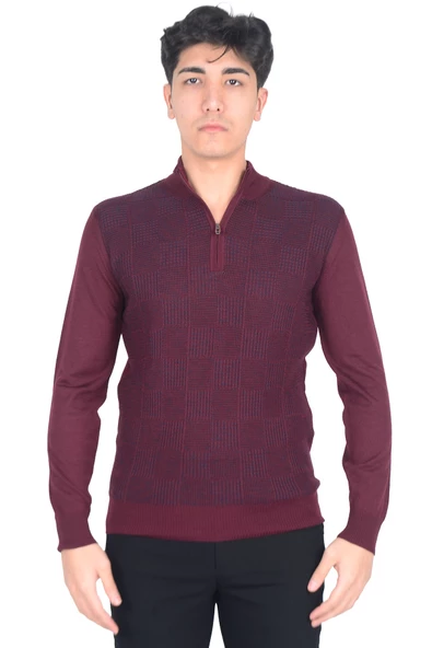 Cengiz İnler Yarım Balıkçı Yaka Fermuarlı Kare Desen Yünlü Erkek Triko Kazak - 6