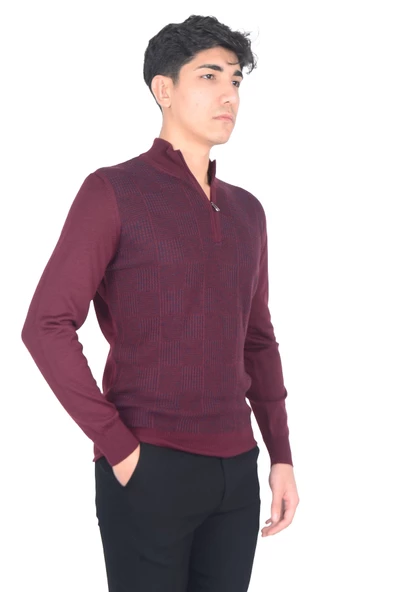 Cengiz İnler Yarım Balıkçı Yaka Fermuarlı Kare Desen Yünlü Erkek Triko Kazak - 4