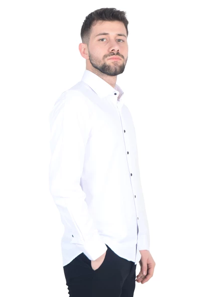 Cengiz İnler İtalyan Yaka Slim Fit Erkek Pamuk Gömlek - Resim 3
