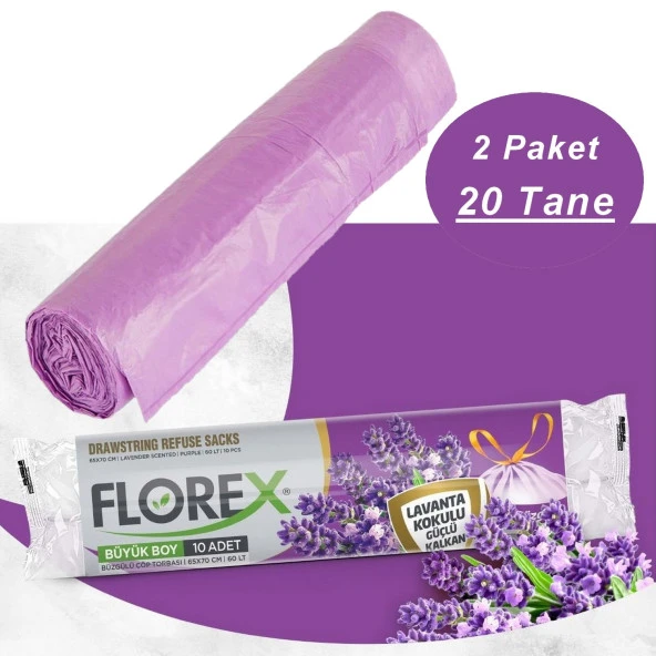Florex 40 Litre Büzgülü Lavanta Kokulu Çöp Torbası Poşeti 55 x 60 cm 10 Adetlik 2 Rulo