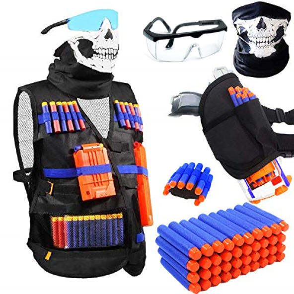 DoğanxNerf Tactical West Oyuncak Tabanca Uyumlu Yelek + Kabze ve Nerf Mermisi için Bileklik Maske Gözlük Oyun Seti