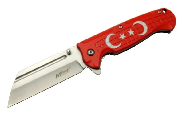 Mtech 4-27 Kırmızı Tanto Kamp Çakı 21cm - Yarı Otomatik, Kemerlikli, Ay-Yıldız Baskılı Sap