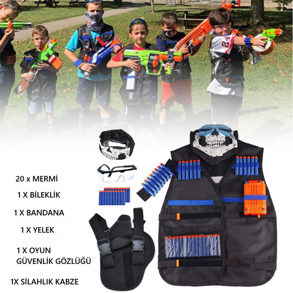 DoğanxNerf Tactical West Oyuncak Tabanca Uyumlu Yelek + Kabze ve Nerf Mermisi için Bileklik Maske Gözlük Oyun Seti