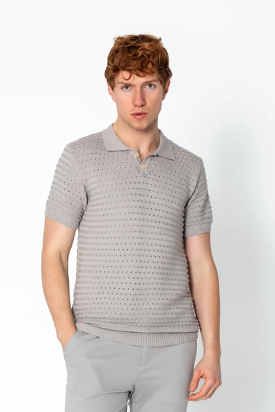 Erkek Fit Extra Rahat Düğmeli Polo Yaka Delikli T-Shirt - 7