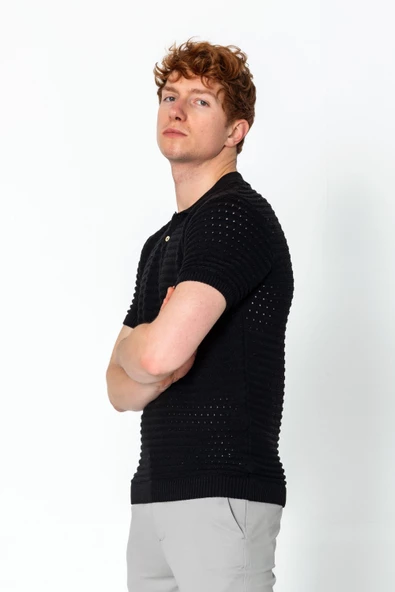 Erkek Fit Extra Rahat Düğmeli Polo Yaka Delikli T-Shirt - 4