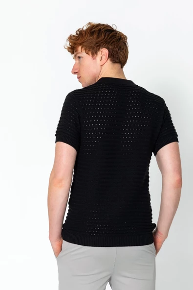 Erkek Fit Extra Rahat Düğmeli Polo Yaka Delikli T-Shirt - 6