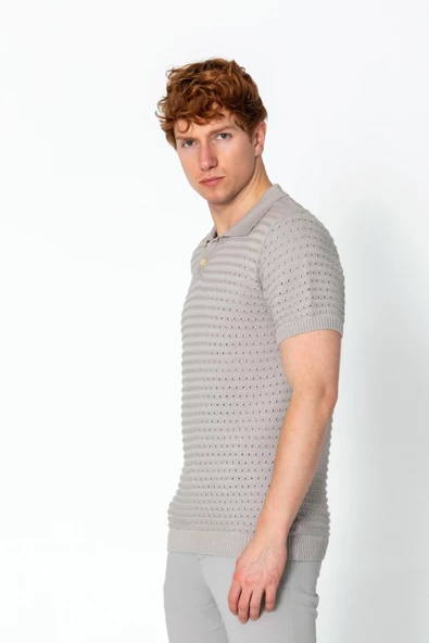 Erkek Fit Extra Rahat Düğmeli Polo Yaka Delikli T-Shirt - 9