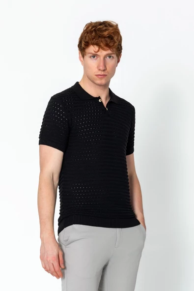 Erkek Fit Extra Rahat Düğmeli Polo Yaka Delikli T-Shirt - 5