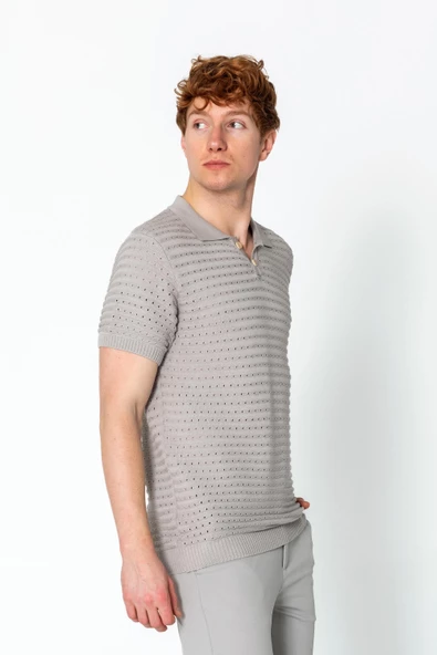 Erkek Fit Extra Rahat Düğmeli Polo Yaka Delikli T-Shirt - 10