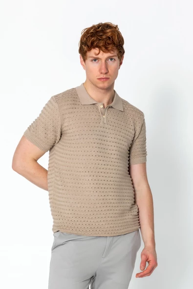 Erkek Fit Extra Rahat Düğmeli Polo Yaka Delikli T-Shirt - 12