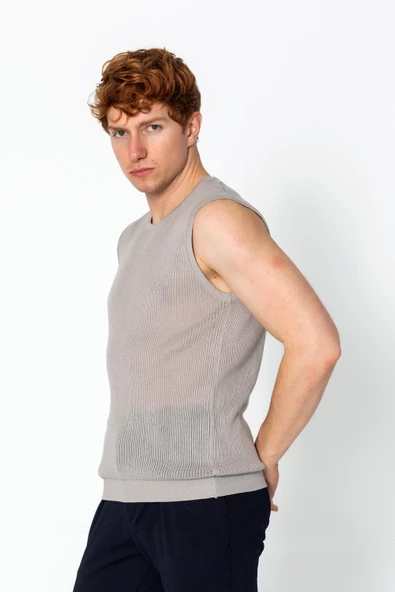 Erkek Fit Extra Bisiklet Yaka Kafes Dokulu Kolsuz Triko T-Shirt - 9