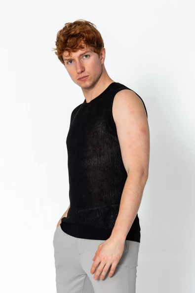 Erkek Fit Extra Bisiklet Yaka Kafes Dokulu Kolsuz Triko T-Shirt - 2