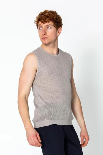 Erkek Fit Extra Bisiklet Yaka Kafes Dokulu Kolsuz Triko T-Shirt - 10