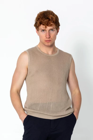 Erkek Fit Extra Bisiklet Yaka Kafes Dokulu Kolsuz Triko T-Shirt - 12