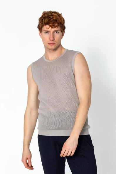 Erkek Fit Extra Bisiklet Yaka Kafes Dokulu Kolsuz Triko T-Shirt - 7