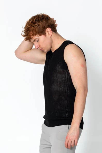 Erkek Fit Extra Bisiklet Yaka Kafes Dokulu Kolsuz Triko T-Shirt - 4