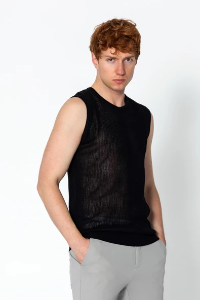 Erkek Fit Extra Bisiklet Yaka Kafes Dokulu Kolsuz Triko T-Shirt - 5