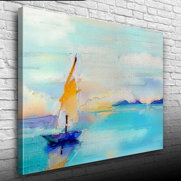 Gündoğumun `da Deniz ve Yelkenli Yağlıboya Kanvas Tablo 50 x 70 - Resim 3