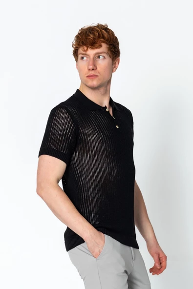 Erkek Fit Polo Yaka Extra Rahat Düğmeli Örme T-shirt - 5