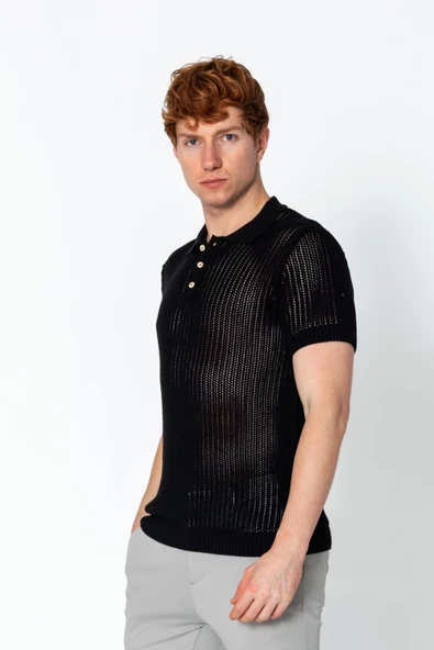 Erkek Fit Polo Yaka Extra Rahat Düğmeli Örme T-shirt - 4