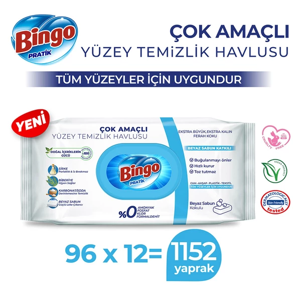 Bingo Pratik Yüzey Temizlik Havlusu Beyaz Sabun 96x12 (1152 Yaprak)