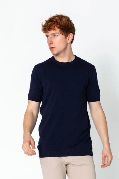 Erkek Fit Extra Yuvarlak Yaka Düz Triko T-Shirt - 7