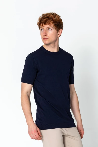 Erkek Fit Extra Yuvarlak Yaka Düz Triko T-Shirt - 10
