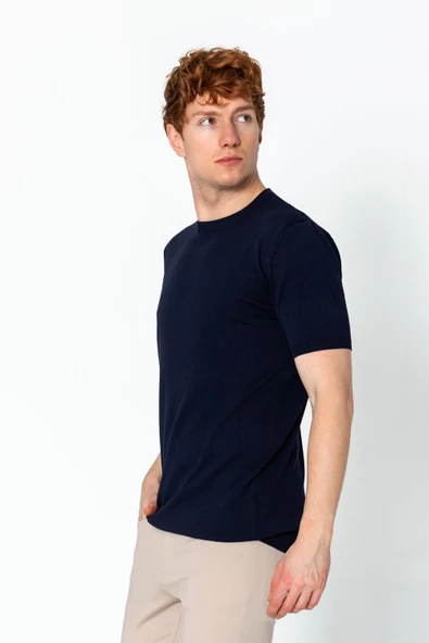 Erkek Fit Extra Yuvarlak Yaka Düz Triko T-Shirt - 9