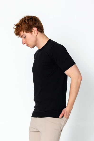 Erkek Fit Extra Yuvarlak Yaka Düz Triko T-Shirt - 4
