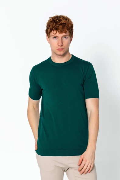 Erkek Fit Extra Yuvarlak Yaka Düz Triko T-Shirt - 12