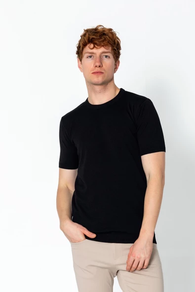 Erkek Fit Extra Yuvarlak Yaka Düz Triko T-Shirt - 2