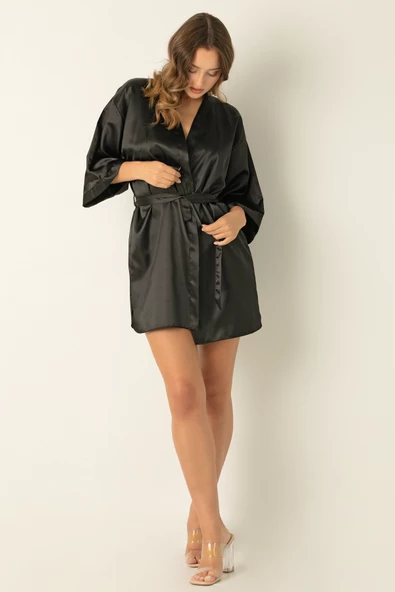 DoReMi Saten Mini Kuşaklı Sabahlık  SİYAH XL-XXL - 2