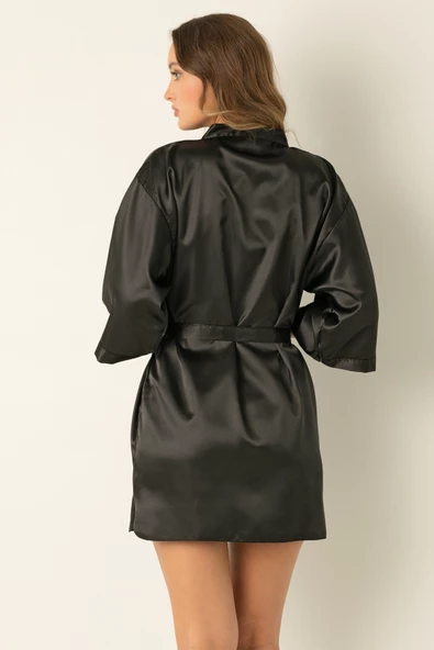 DoReMi Saten Mini Kuşaklı Sabahlık  SİYAH XL-XXL - 8
