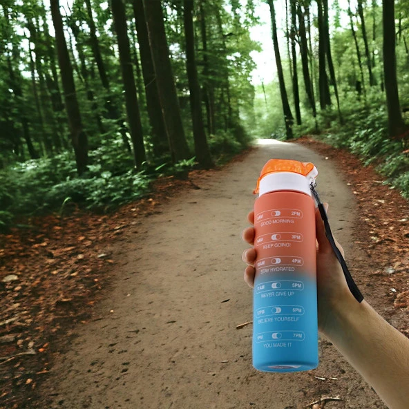 Çift Renk Motivasyon Matarası Pipetsiz Çocuk Sporcu Su Şişesi 800 ml Sızdırmaz Suluk 800 cc - Resim 5