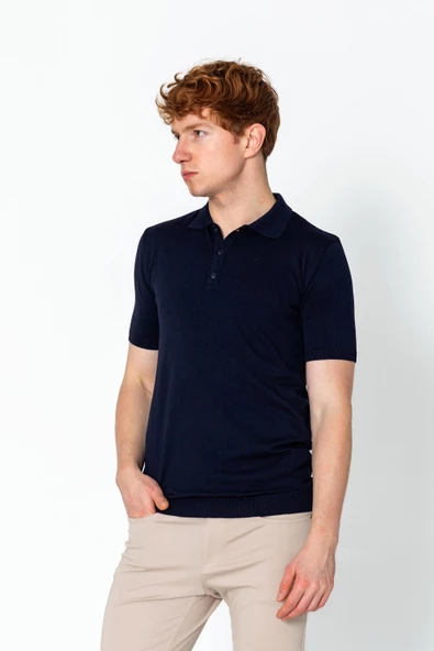 Erkek Fit Altı Kolları Lastikli Polo Yaka Düğmeli Triko T-Shirt - 9