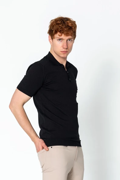 Erkek Fit Altı Kolları Lastikli Polo Yaka Düğmeli Triko T-Shirt - 5