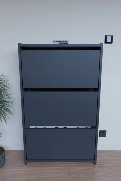 FurnatureDesign Düşer Kapak Ayakkabılık Duvara Monte Edilebilir Kayar Raflı 3 Kapaklı - Antrasit - 2