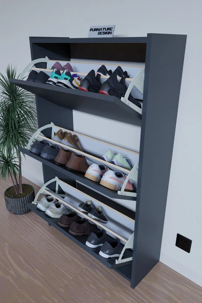 FurnatureDesign Düşer Kapak Ayakkabılık Duvara Monte Edilebilir Kayar Raflı 3 Kapaklı - Antrasit - 3