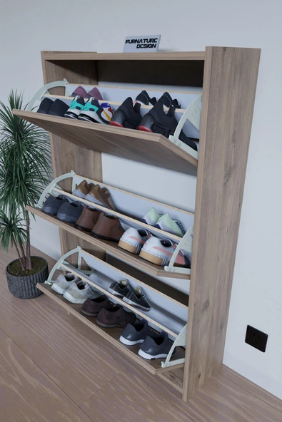 FurnatureDesign Düşer Kapak Ayakkabılık Duvara Monte Edilebilir Kayar Raflı 3 Kapaklı - Atlantik Çam - Resim 3