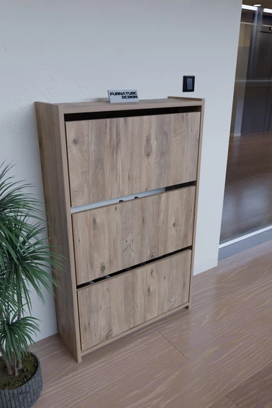 FurnatureDesign Düşer Kapak Ayakkabılık Duvara Monte Edilebilir Kayar Raflı 3 Kapaklı - Atlantik Çam ürün görseli