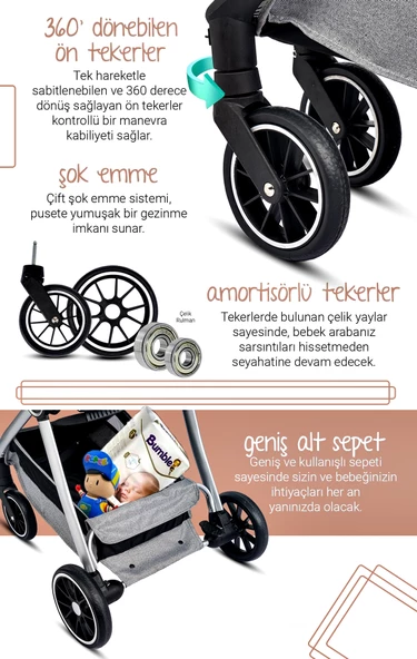 Bay Home Yeni Doğan 9 İn 1 Full Takım 990 Travel Sistem Bebek Arabası Angel Sepet Anne Yanı Beşik - 9