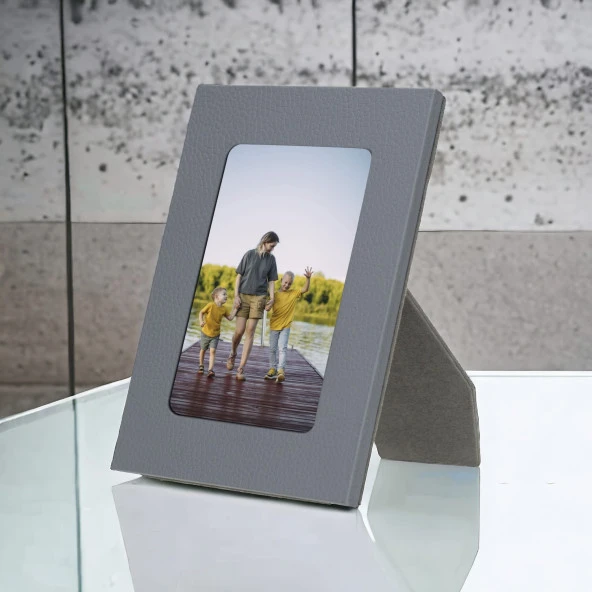 Gerçek Deri Masaüstü Fotoğraf Çerçevesi, 22x17cm (15x10 foto) Gri - 1