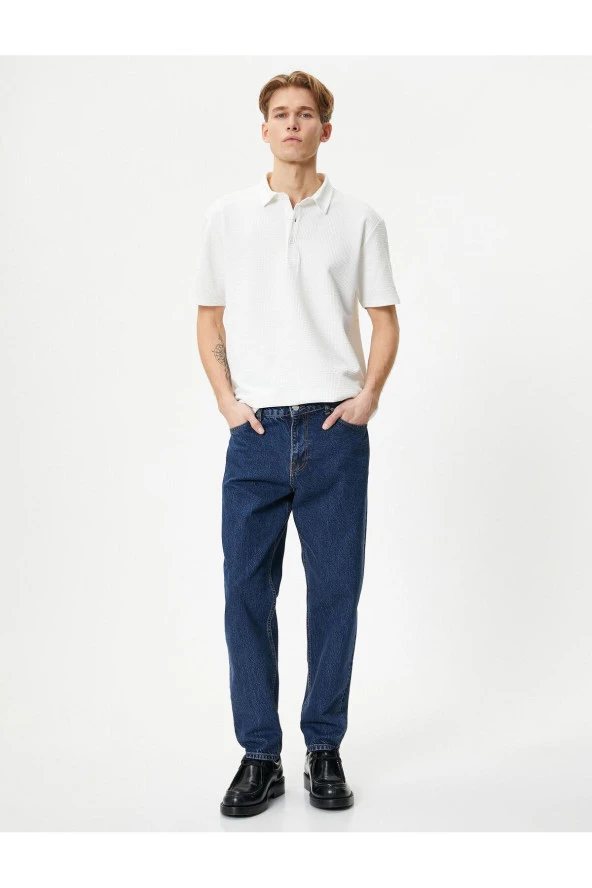 Polo Yaka Tişört Jakarlı Dokulu Düğmeli Kısa Kollu - Resim 2