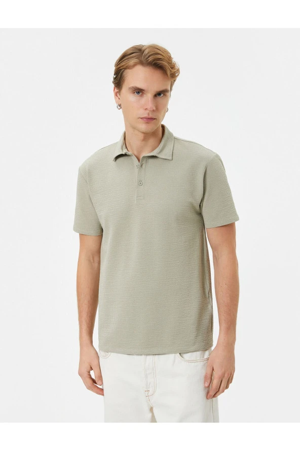 Polo Yaka Tişört Jakarlı Dokulu Düğmeli Kısa Kollu - Resim 9