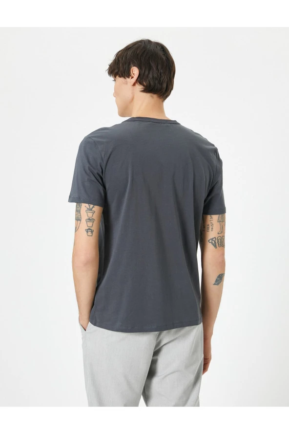 Bisiklet Yaka Tişört Cep Detaylı Kısa Kollu Pamuklu - Resim 4