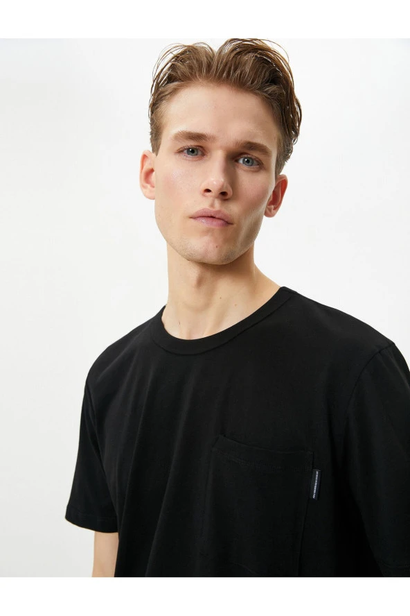 Bisiklet Yaka Tişört Cep Detaylı Kısa Kollu Pamuklu - Resim 7